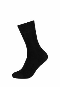 Czarna skarpetka załogowa z prążkowanym mankietem, gładką fakturą i bezszwowym designem palców. Wykonana z miękkiego, elastycznego materiału dla wygody i dopasowania.