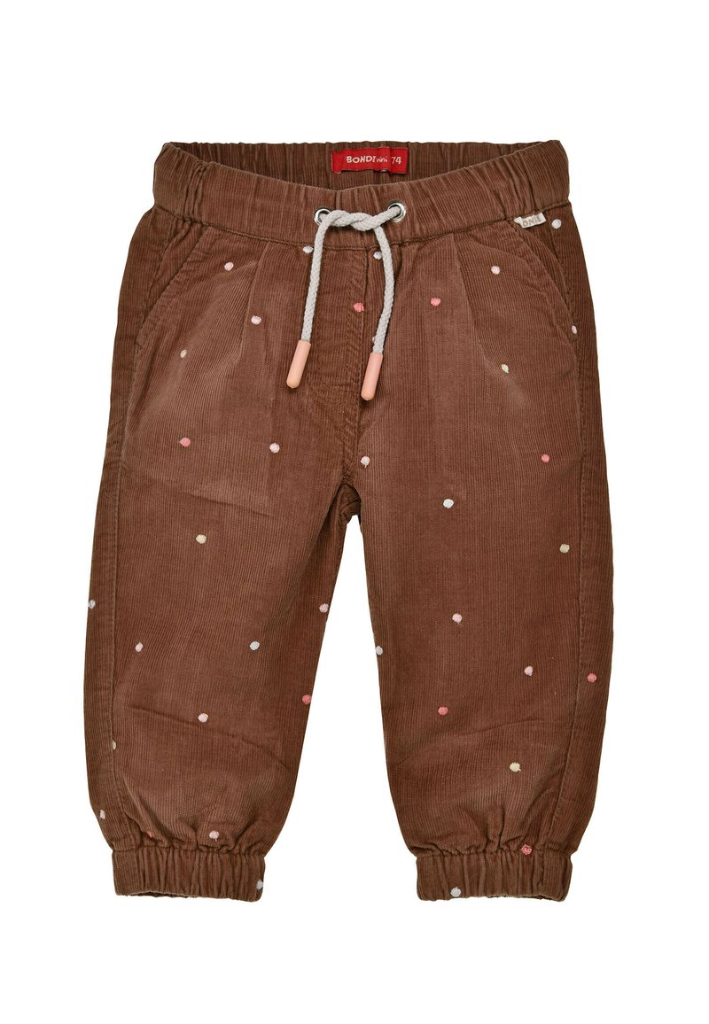 Pantaloni in corduroy marrone con vita elastica e coulisse. Presentano pois multicolori e polsini elastici alla caviglia.
