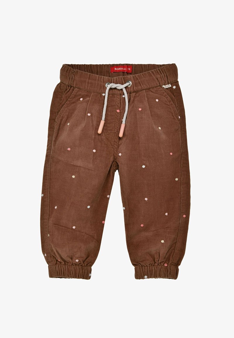 Brown corduroy pants with elastic waistband and drawstring. Features multicolored polka dots and elastic cuffs at the ankles.