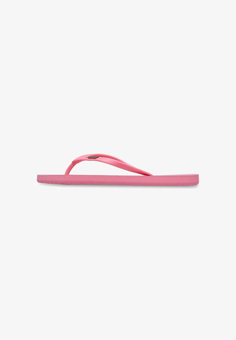 Tongs roses avec une semelle plate texturée et une bride flexible. Le design comprend un petit détail de logo sur la bride.