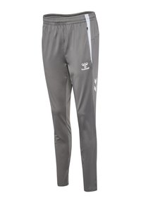 Pantalons de sport gris en tissu lisse, dotés d'une taille élastique, de rayures latérales blanches et d'un logo sur le devant.
