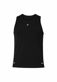 Black sleeveless athletic tank top made of smooth fabric, featuring a round neckline and a small white logo on the chest.