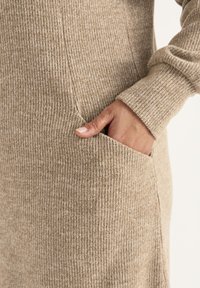 Beige ribbed knit dress featuring a side pocket and long sleeves, with a soft texture and subtle variations in color.