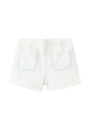 Witte peuterbroekjes met twee voorzakken afgezet met lichtblauwe golvende randen en een tailleband met knoopsluiting.