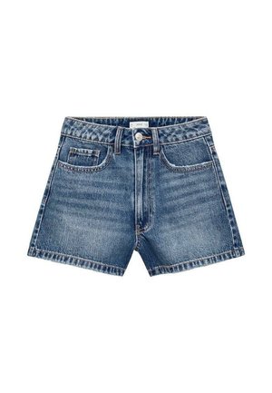 Blå cowboyshorts med knap og lynlås foran, bæltestropper og tre lommer på hvid baggrund.