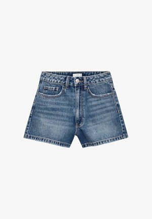 Blå cowboyshorts med knap og lynlås foran, bæltestropper og tre lommer på hvid baggrund.