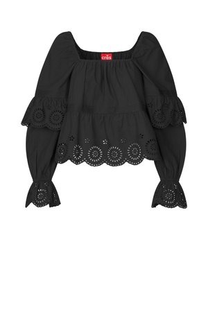 Μαύρη μπλούζα με μακριά μανίκια, τετράγωνη λαιμόκοψη, φουσκωτά μανίκια και κυματιστό τελείωμα με κυκλικά ανθικά σκισίματα.