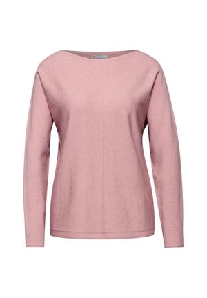 Haut à manches longues rose clair avec un large décolleté bateau, une texture lisse et une couture verticale au centre. Fabriqué en tissu doux.