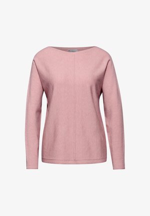 Hellrosa Langarmshirt mit weitem Bootsausschnitt, glatter Textur und einer vertikalen Naht in der Mitte. Hergestellt aus weichem Stoff.