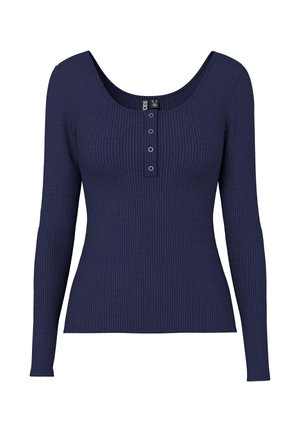 Bluză lungă cu mâneci, din material ribbed, de culoare albastru marin, cu decolteu rotund și o deschidere cu nasturi, evidențiată de trei nasturi metalici în centrul său.