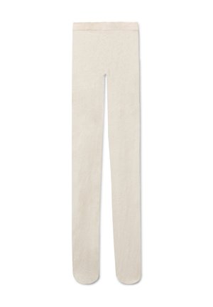 Kremfarvede, teksturerede strømpebukser med hele ben og en tætsiddende linning, lagt fladt mod en hvid baggrund.