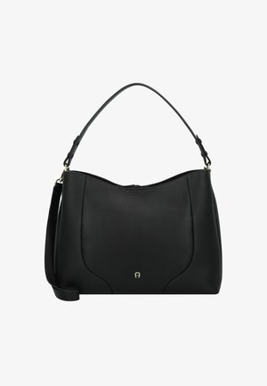 Borsa a spalla in pelle nera con forma arrotondata, superficie texture e logo dorato sul davanti. Include una tracolla regolabile.