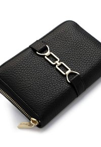 Black leather wallet with a textured finish, featuring a gold-toned hardware clasp and a zip closure along the edge.