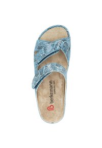 Blue, snake-embossed slide sandal with cross-strap design, suede-like footbed, and embossed brand logo on the insole.