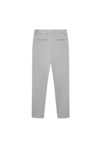 Light gray trousers with a smooth texture, featuring a waistband, two back pockets and a tailored fit, with no visible patterns or accents.