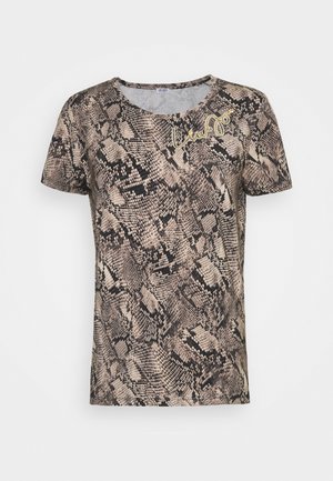 Damen-T-Shirt mit kurzen Ärmeln, in Braun-Schwarz mit Schlangenmuster und kleinem, goldbesticktem Markennamen auf der oberen linken Brust.