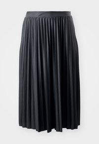 Gonna plissettata nera con una vita liscia. Realizzata in materiale leggero, presenta pieghe verticali che creano texture e fluidità.