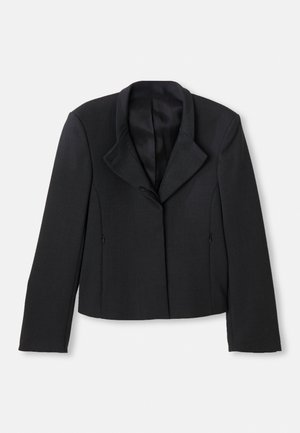 Black cropped blazer with a smooth texture, wide lapel, and single button closure. Features two side pockets and tailored design.