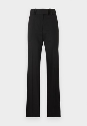 Pantalones negros de cintura alta y corte a medida, con trabillas para cinturón, piernas rectas y cierre frontal con cremallera, mostrados sobre un fondo liso.