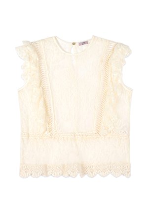 Crèmewitte kanten mouwloze blouse met geplooide schouders, gehaakte bies aan de voorkant en een geschulpte zoom.