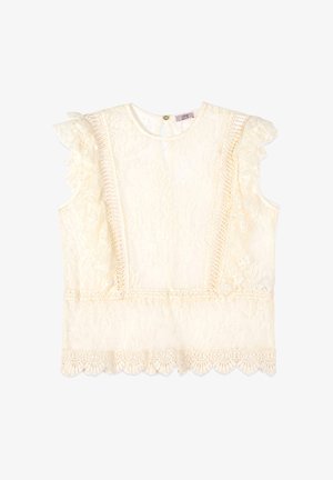 Kremowa bluzka bez rękawów z koronką, falbaniastymi ramionami, ozdobnym wykończeniem na przodzie i falowanym dołem.