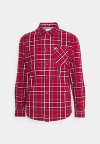 Rood geruite flanellen shirt met lange mouwen, knoopsluiting aan de voorkant en een borstzak met een diagonaal ruitpatroon.