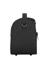 Borsa in tessuto nero con una parte superiore arrotondata, manico laterale e chiusura con zip. Presenta un anello in metallo e piccoli piedini sulla base per maggiore stabilità.