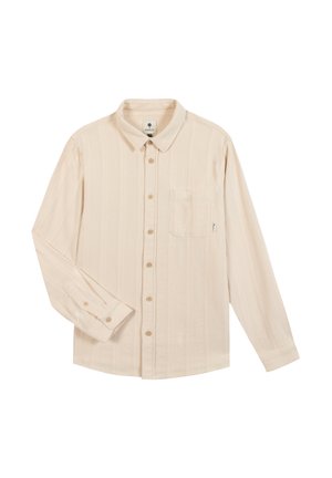 Beige long-sleeve button-up shirt with chest pocket, subtle vertical stripes, and collared neckline.