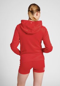 Rode sportieve hoodie met kap, gladde textuur, lange mouwen en bijpassende rode shorts. Bevat minimale branding op de shorts.