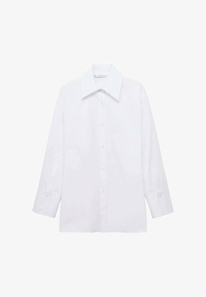 Valkoinen pitkähihaisessa paidassa on sileä kangas, suuri kaulus, etupainatusnappi ja pyöristetyt hihansuut nappikoristeilla.