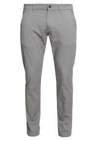 Hellgraue Chinos aus einem glatten Baumwollmischgewebe. Mit Knopfverschluss, Fronttaschen und geradem Bein. Keine sichtbaren Muster.