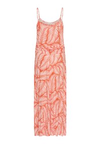 Robe maxi avec bretelles fines, tissu orange avec un motif de feuilles blanches, et une coupe décontractée avec un froncé à la taille.