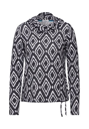 Pull à col cheminée avec un motif géométrique en diamants noir et blanc, manches longues, tissu doux, cordon de serrage ajustable à l'ourlet.