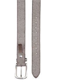 Gürtel aus grauem Leder mit durchbrochenem Design, silberner Metall-Schnalle und verstellbaren Löchern entlang des Riemens zur Größenanpassung. Auffällige Textur und Akzente.