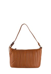 Borsa a spalla in pelle marrone con un design trapuntato, caratterizzata da una tracolla regolabile e una forma rettangolare, che mette in evidenza la sua superficie testurizzata.