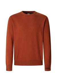 Pull en maille couleur rouille à manches longues, avec poignets et ourlet côtelés, col rond et texte subtil "PEPE" sur le poignet de la manche gauche.