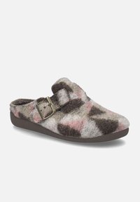 Felt indendørs-sko med et gråt, rosa og brunt geometrisk mønster, åben hæl, tyk sål og metalspænde. Blød tekstur med et hyggeligt design.