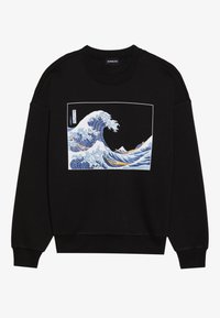 Black sweatshirt with long sleeves, featuring a central graphic of a blue wave design set against a black background.