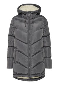 Šedá péřová bunda s designem v šipkách, kapucí a zipovým zapínáním. Obsahuje boční kapsy a měkkou fleecovou podšívku pro teplo.