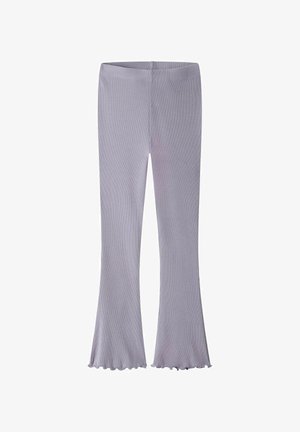 Jasnofioletowe prążkowane legginsy dzwony o teksturowanym wykończeniu i falowanym obszyciu, wyposażone w dopasowany pas dla wygody.