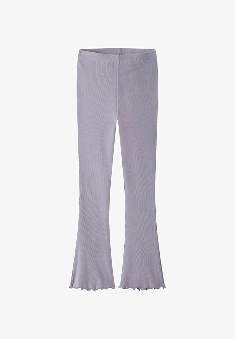 Leggings évasés en tissu côtelé violet clair avec une finition texturée et un ourlet ondulé, dotés d'une taille ajustée pour le confort.