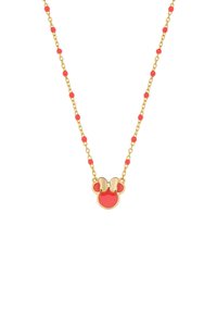 Collana d'oro con un pendente di Mickey Mouse in smalto rosso adornato con un fiocco, caratterizzata da una catena con bead rossi alternati e anelli.