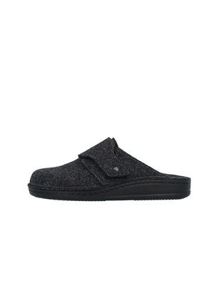 Black felt slipper with a rounded toe, adjustable strap, and a textured black rubber sole. Features a simple, seamless design.