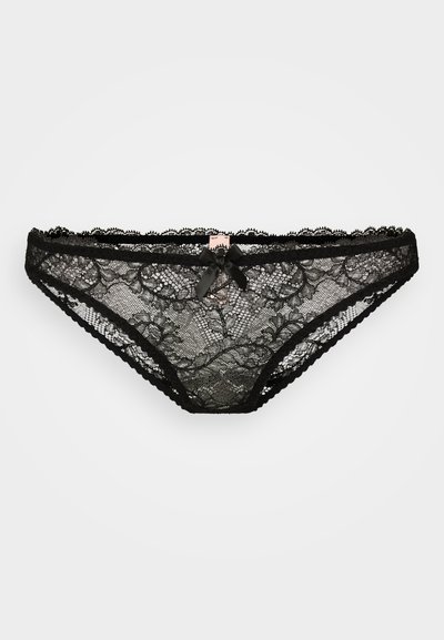 Black lace panties featuring floral patterns, scalloped edges, and a small black bow accent at the front center.