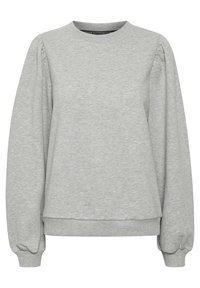 Light grey sweatshirt with a round neckline, puffed sleeves, and elastic cuffs. Soft fabric with a smooth texture and relaxed fit.