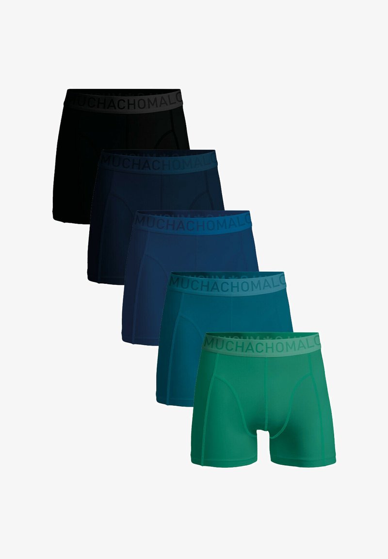 Five pairs of men's boxer shorts in varying shades: black, navy, teal, dark teal, and green, featuring a branded waistband.