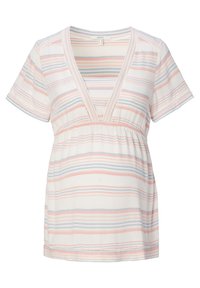 Top maternità a strisce di colore bianco, con strisce rosa chiaro e blu, maniche corte, scollatura a V e vita arricciata per supporto.