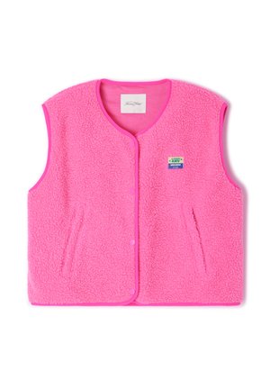 Pink fleece vest with a round neck, snap buttons, and side pockets. Features a textured fabric and a small, colorful logo patch.