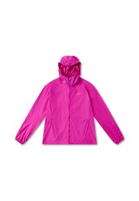 Pink windbreaker jacket with a hood, featuring long sleeves, side pockets, and a smooth, lightweight fabric. Close zipper design.
