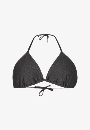 Top bikini triangolare nero in tessuto testurizzato con macchie dorate, dotato di lacci regolabili al collo e nella parte posteriore per una vestibilità ottimale.